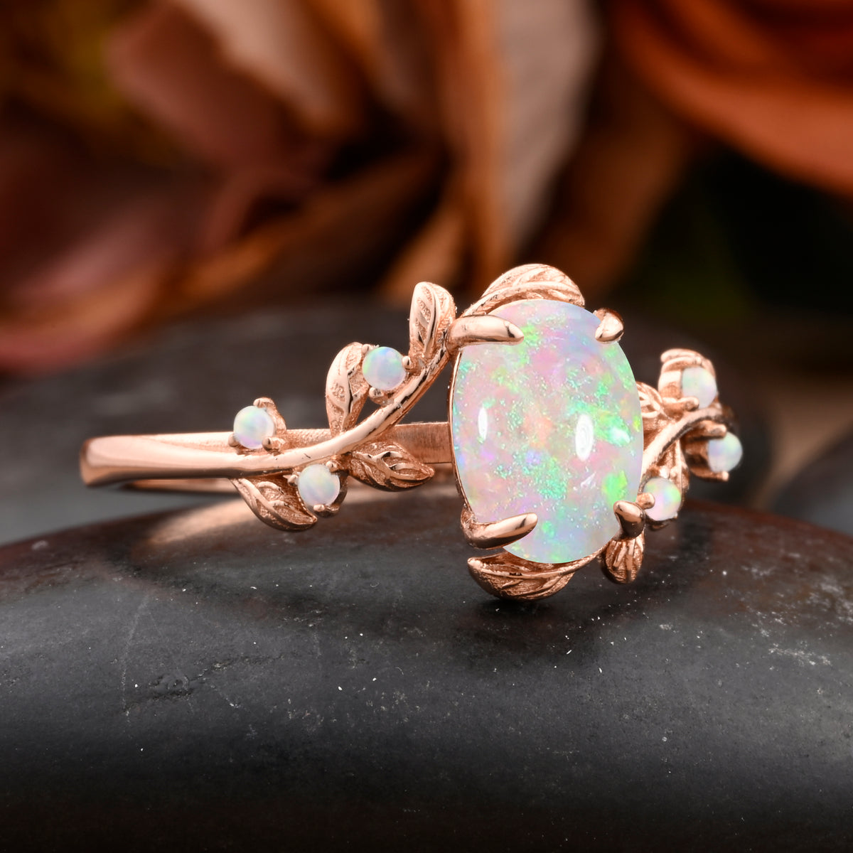 Vintage Oval Cut Opal Engagement Ring Branch Ring Art Deco Opal Wedding Ring Solid 18k Rose Gold Leaf Ring Bridal Promise Ring Gift For Her