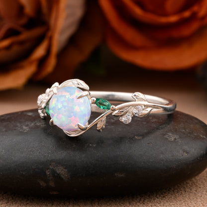 Round cut Pink Opal ring Vintage White gold Leaf engagement ring Marquise cut Emerald ring Nature inspired Twig ring Gift