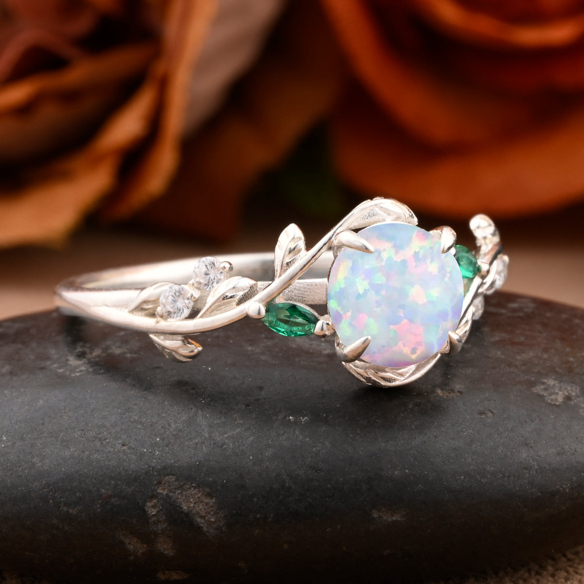 Round cut Pink Opal ring Vintage White gold Leaf engagement ring Marquise cut Emerald ring Nature inspired Twig ring Gift