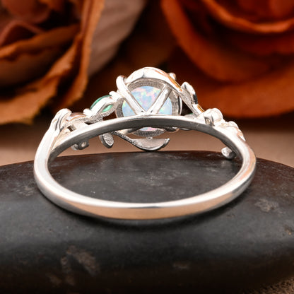 Round cut Pink Opal ring Vintage White gold Leaf engagement ring Marquise cut Emerald ring Nature inspired Twig ring Gift