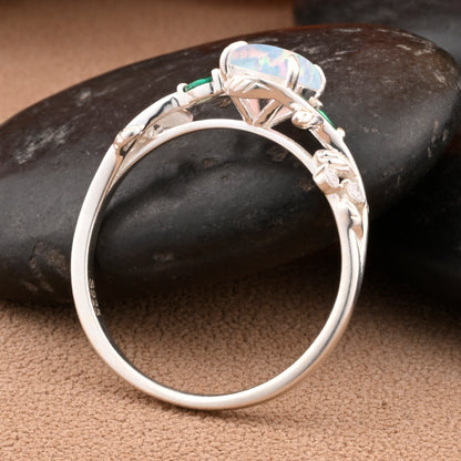 Round cut Pink Opal ring Vintage White gold Leaf engagement ring Marquise cut Emerald ring Nature inspired Twig ring Gift