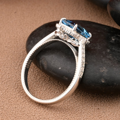 Blue Topaz Emerald Cut Ring Art Deco Handmade Octagon Gemstone Engagement Ring Personalized Jewelry Gift