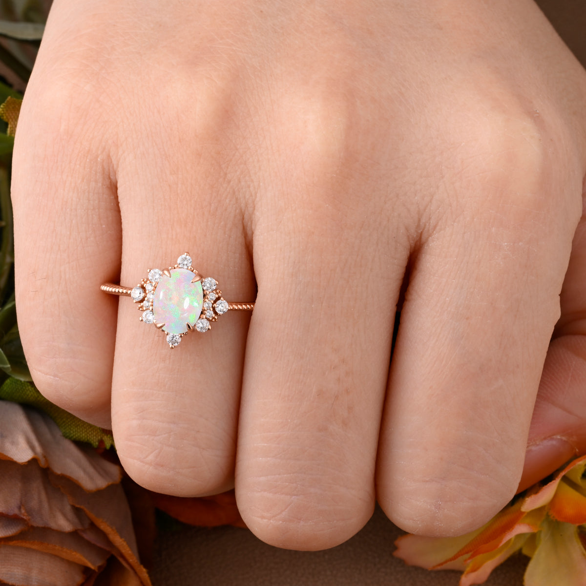 Oval Halo Opal Engagement Ring Moissanite Cluster Ring Floral Opal Ring Sunburst Ring Solid Gold Ring Vintage Anniversary Ring