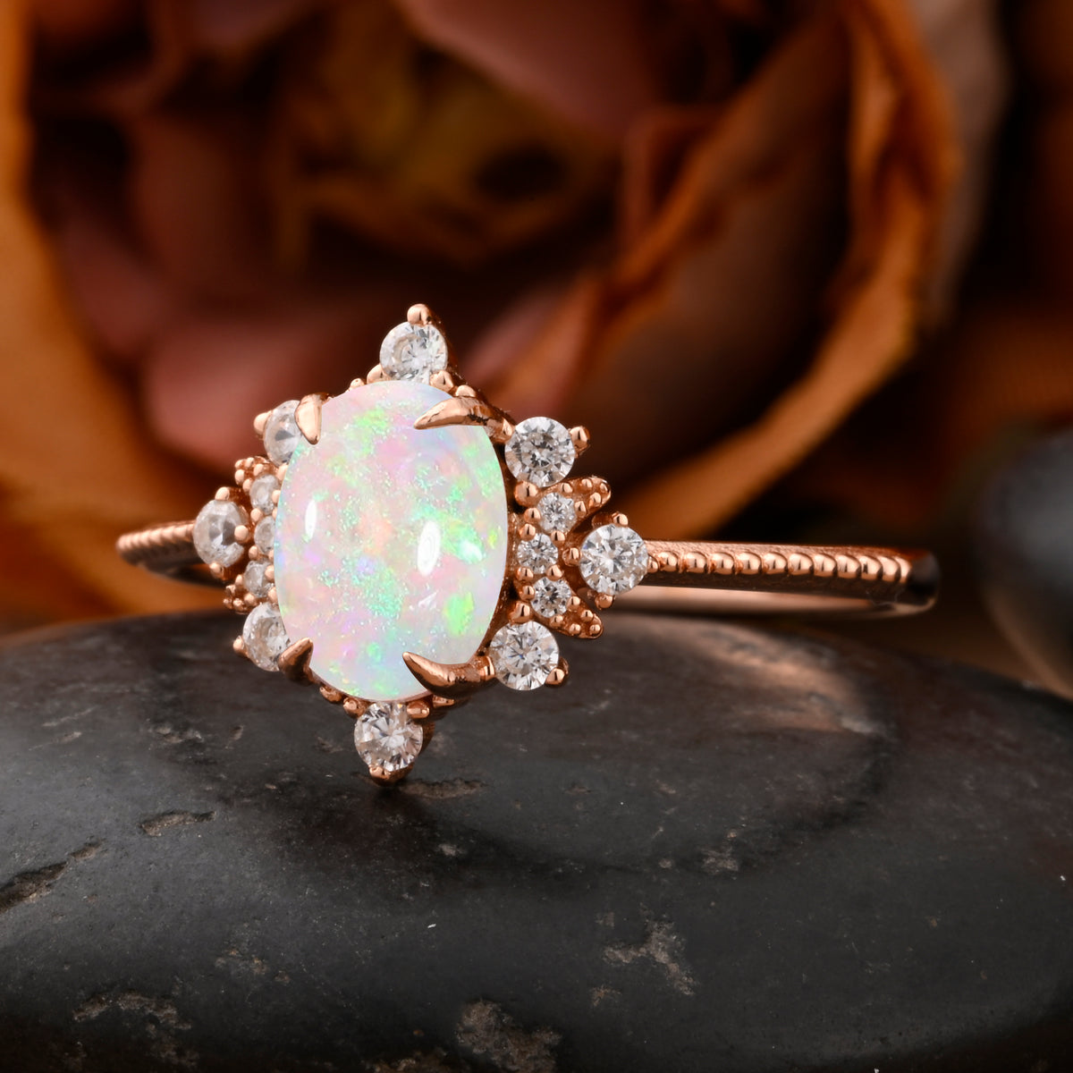 Oval Halo Opal Engagement Ring Moissanite Cluster Ring Floral Opal Ring Sunburst Ring Solid Gold Ring Vintage Anniversary Ring