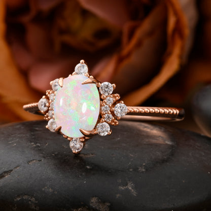 Oval Halo Opal Engagement Ring Moissanite Cluster Ring Floral Opal Ring Sunburst Ring Solid Gold Ring Vintage Anniversary Ring