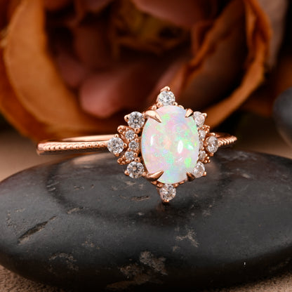 Oval Halo Opal Engagement Ring Moissanite Cluster Ring Floral Opal Ring Sunburst Ring Solid Gold Ring Vintage Anniversary Ring