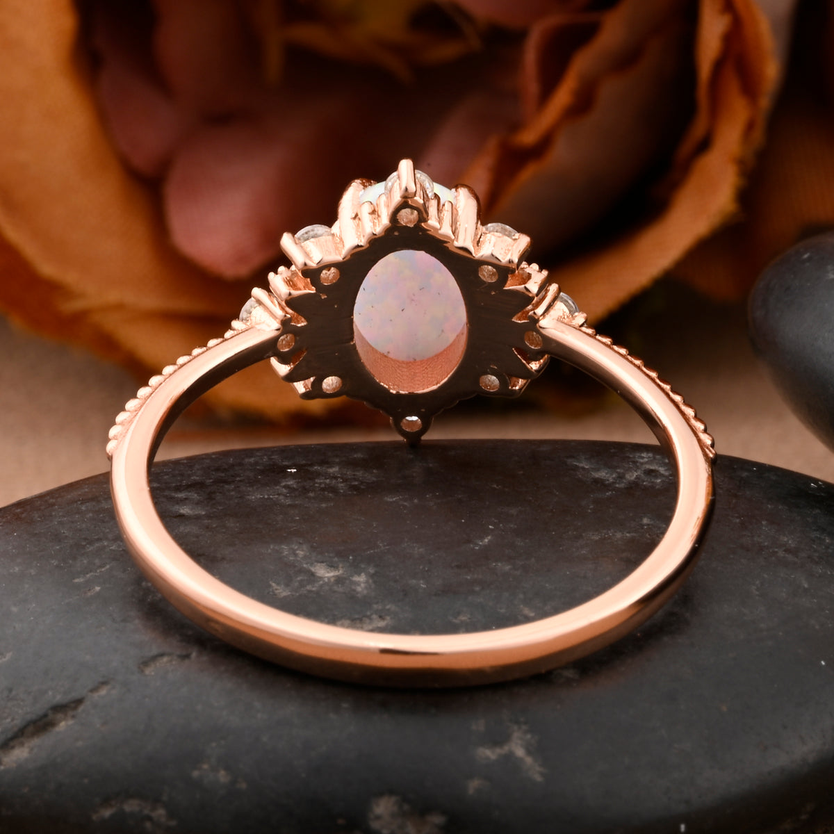 Oval Halo Opal Engagement Ring Moissanite Cluster Ring Floral Opal Ring Sunburst Ring Solid Gold Ring Vintage Anniversary Ring
