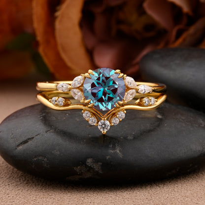 Round Cut Alexandrite Engagement Women Ring Vintage Yellow Gold Alexandrite Bridal Ring Set Art Deco Moissanite Wedding Anniversary Ring Set