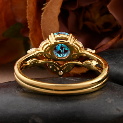 Round Cut Alexandrite Engagement Women Ring Vintage Yellow Gold Alexandrite Bridal Ring Set Art Deco Moissanite Wedding Anniversary Ring Set