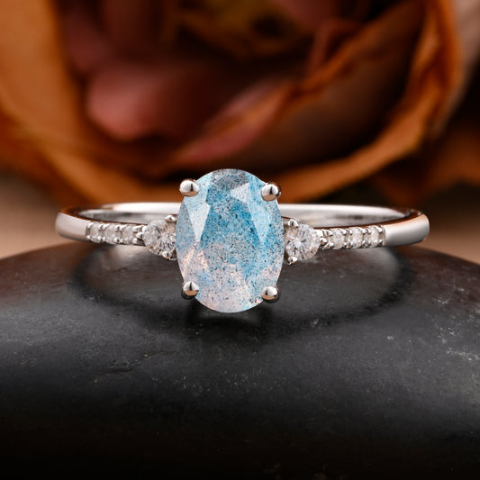 Vintage Oval Cut Labradorite Ring Unique Labradorite Engagement Ring Blue-White Labradorite Wedding Ring Statement Women Ring Gift For Her