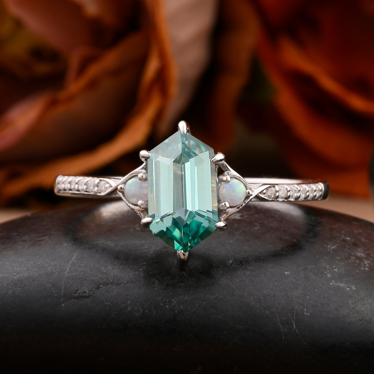 Hexagon cut tsavorite engagement ring vintage unique tsavorite moissanite ring twisted band wedding ring women bridal anniversary gift