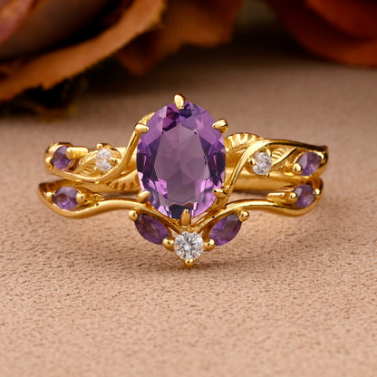 Vintage Oval Cut Amethyst Engagement Amethyst Ring Set Art Deco Bridal Ring Set Stackable Ring