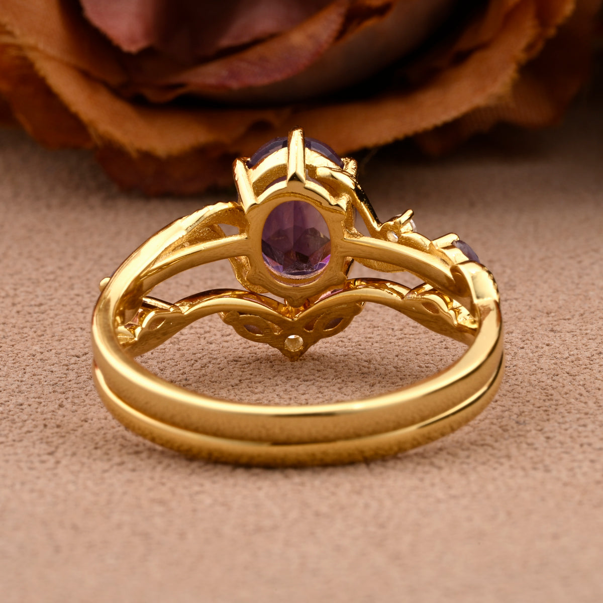 Vintage Oval Cut Amethyst Engagement Amethyst Ring Set Art Deco Bridal Ring Set Stackable Ring