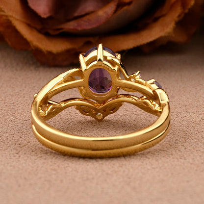 Vintage Oval Cut Amethyst Engagement Amethyst Ring Set Art Deco Bridal Ring Set Stackable Ring