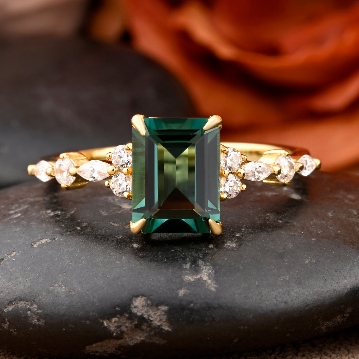 Emerald Cut Green Emerald Engagement Ring 14k Solid Yellow Gold Moissanite Cluster Ring Anniversary Gift For Her May Birthstone Promise Ring