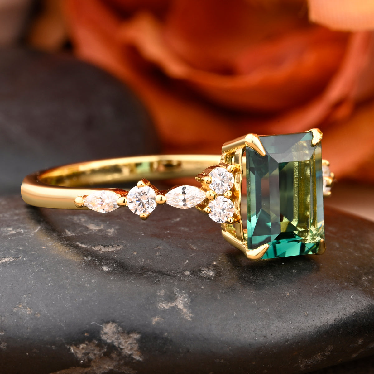 Emerald Cut Green Emerald Engagement Ring 14k Solid Yellow Gold Moissanite Cluster Ring Anniversary Gift For Her May Birthstone Promise Ring