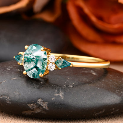 Vintage Moss Agate Engagement Ring 18K Rose Gold Oval Cut Natural Moss Agate Wedding Promise Ring Handmade Ring Anniversary Rings For Women Ver.2