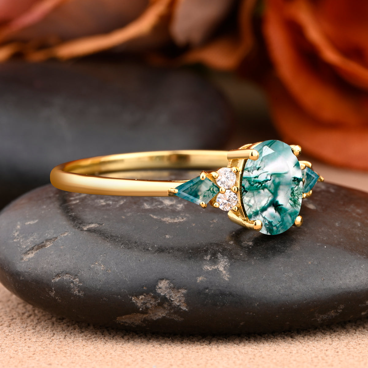 Vintage Moss Agate Engagement Ring 18K Rose Gold Oval Cut Natural Moss Agate Wedding Promise Ring Handmade Ring Anniversary Rings For Women Ver.2