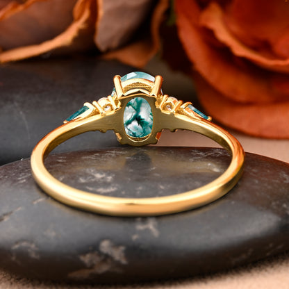 Vintage Moss Agate Engagement Ring 18K Rose Gold Oval Cut Natural Moss Agate Wedding Promise Ring Handmade Ring Anniversary Rings For Women Ver.2