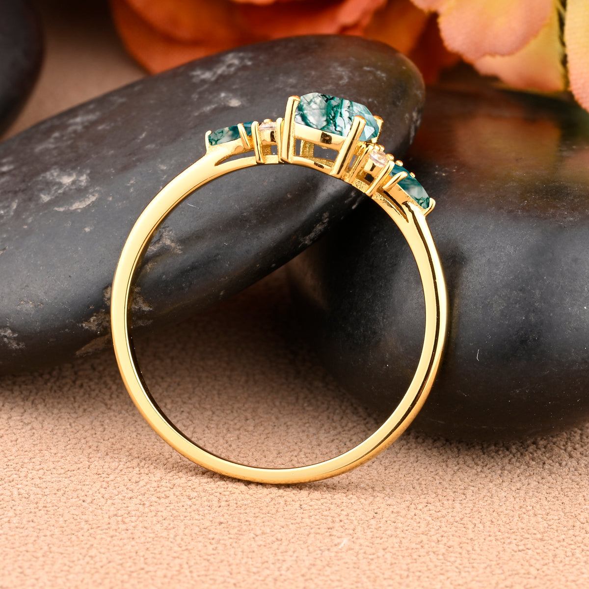 Vintage Moss Agate Engagement Ring 18K Rose Gold Oval Cut Natural Moss Agate Wedding Promise Ring Handmade Ring Anniversary Rings For Women Ver.2