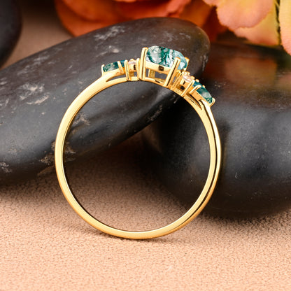 Vintage Moss Agate Engagement Ring 18K Rose Gold Oval Cut Natural Moss Agate Wedding Promise Ring Handmade Ring Anniversary Rings For Women Ver.2