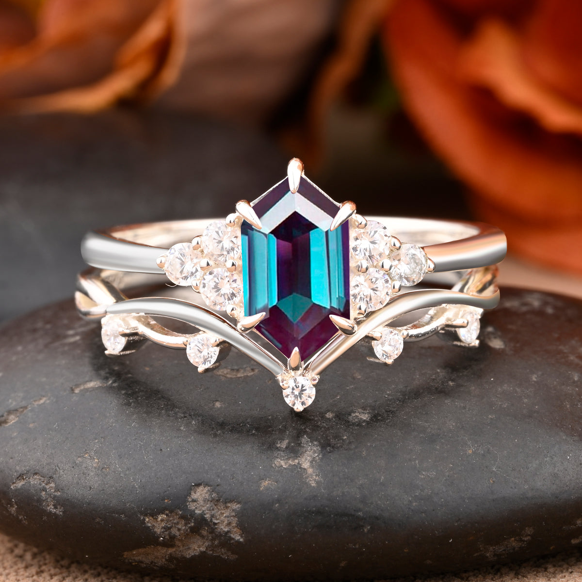 Vintage Hexagon Shape Alexandrite Engagement Ring Set Unique Alexandrite Gemstone Promise Bridal Ring Set Anniversary Gift