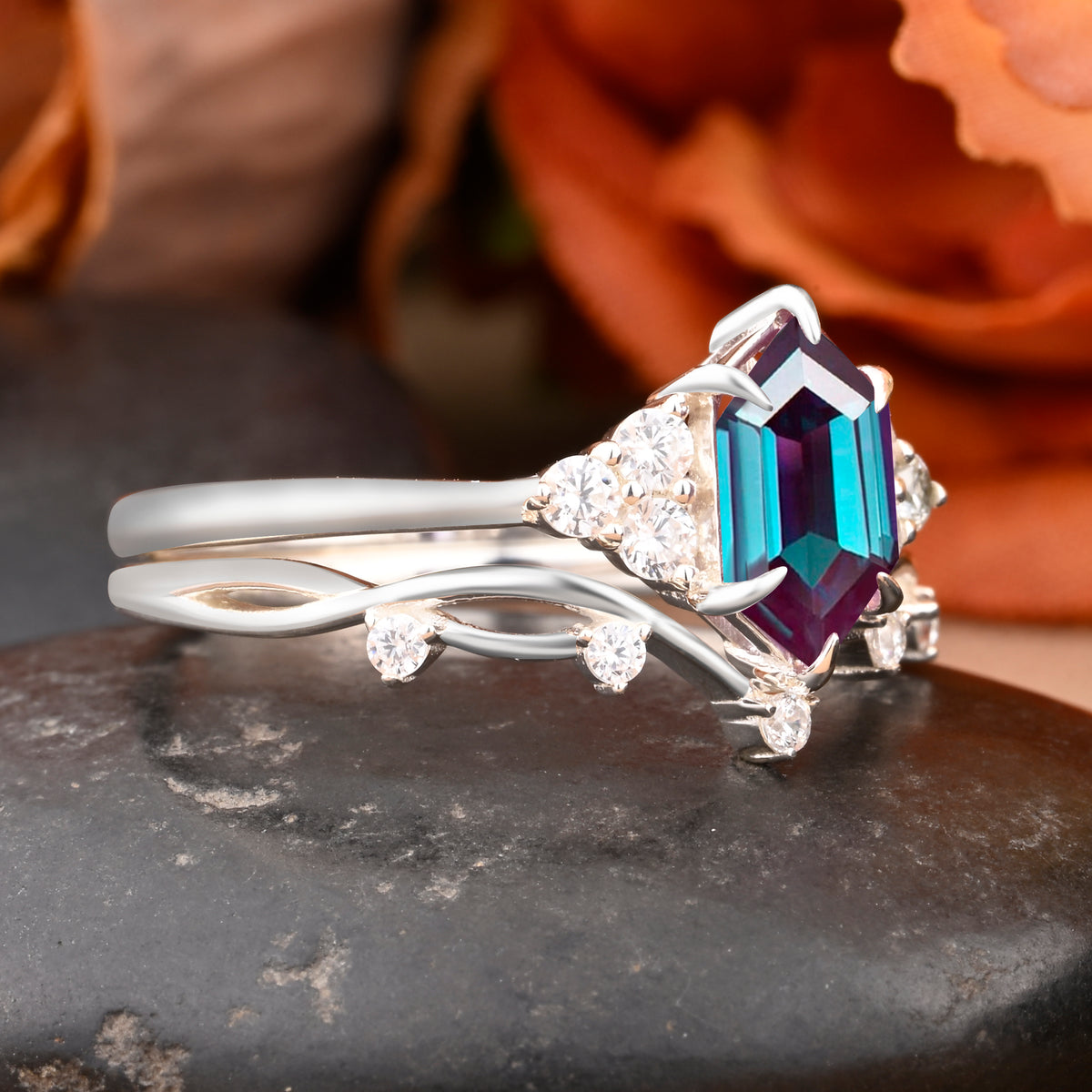Vintage Hexagon Shape Alexandrite Engagement Ring Set Unique Alexandrite Gemstone Promise Bridal Ring Set Anniversary Gift