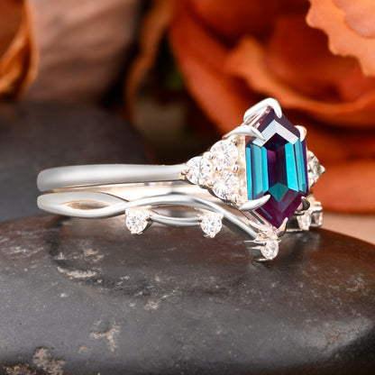 Vintage Hexagon Shape Alexandrite Engagement Ring Set Unique Alexandrite Gemstone Promise Bridal Ring Set Anniversary Gift