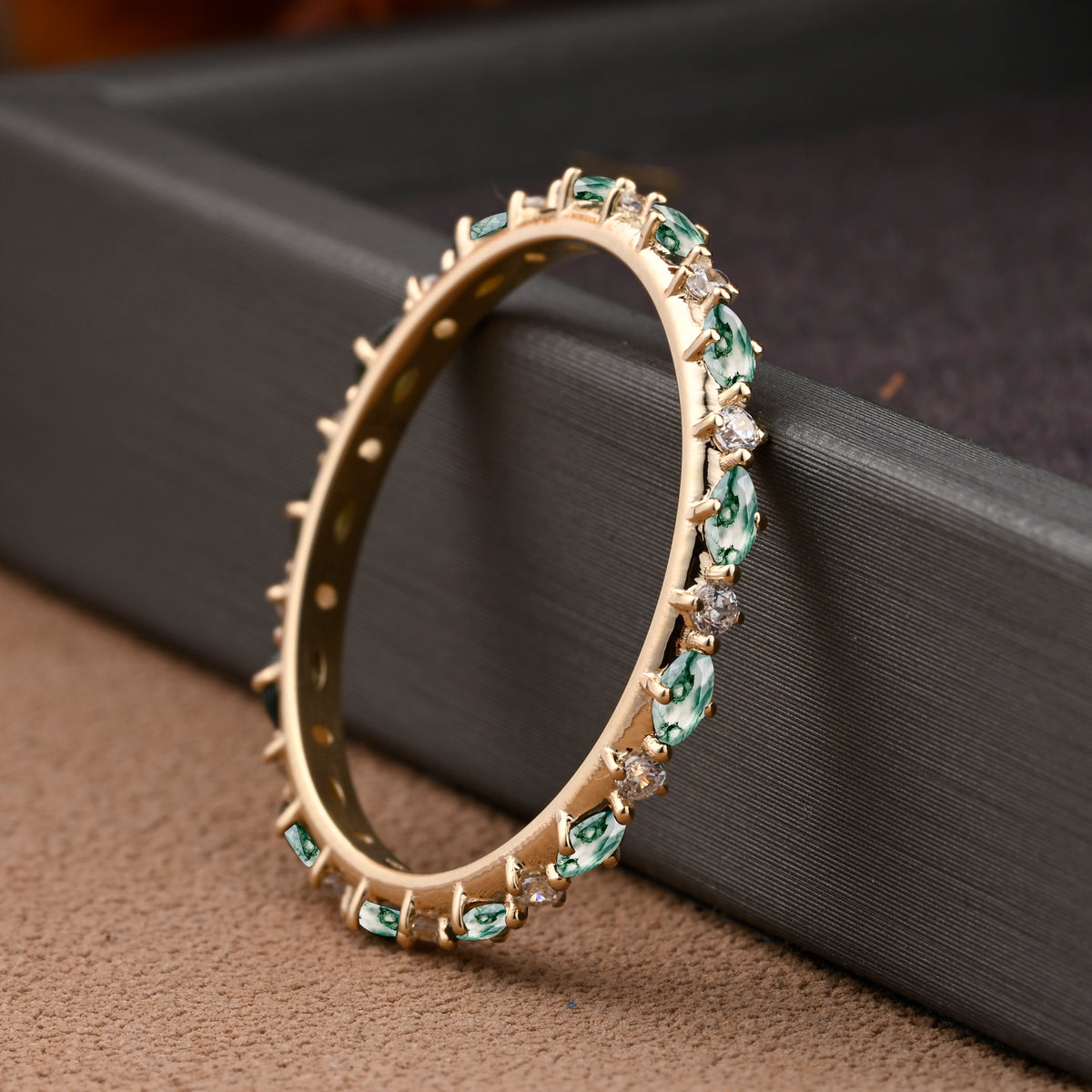 Unique Marquise Moss Agate wedding band Rose gold moissanite wedding band women full eternity matching stacking ring Anniversary gift for her