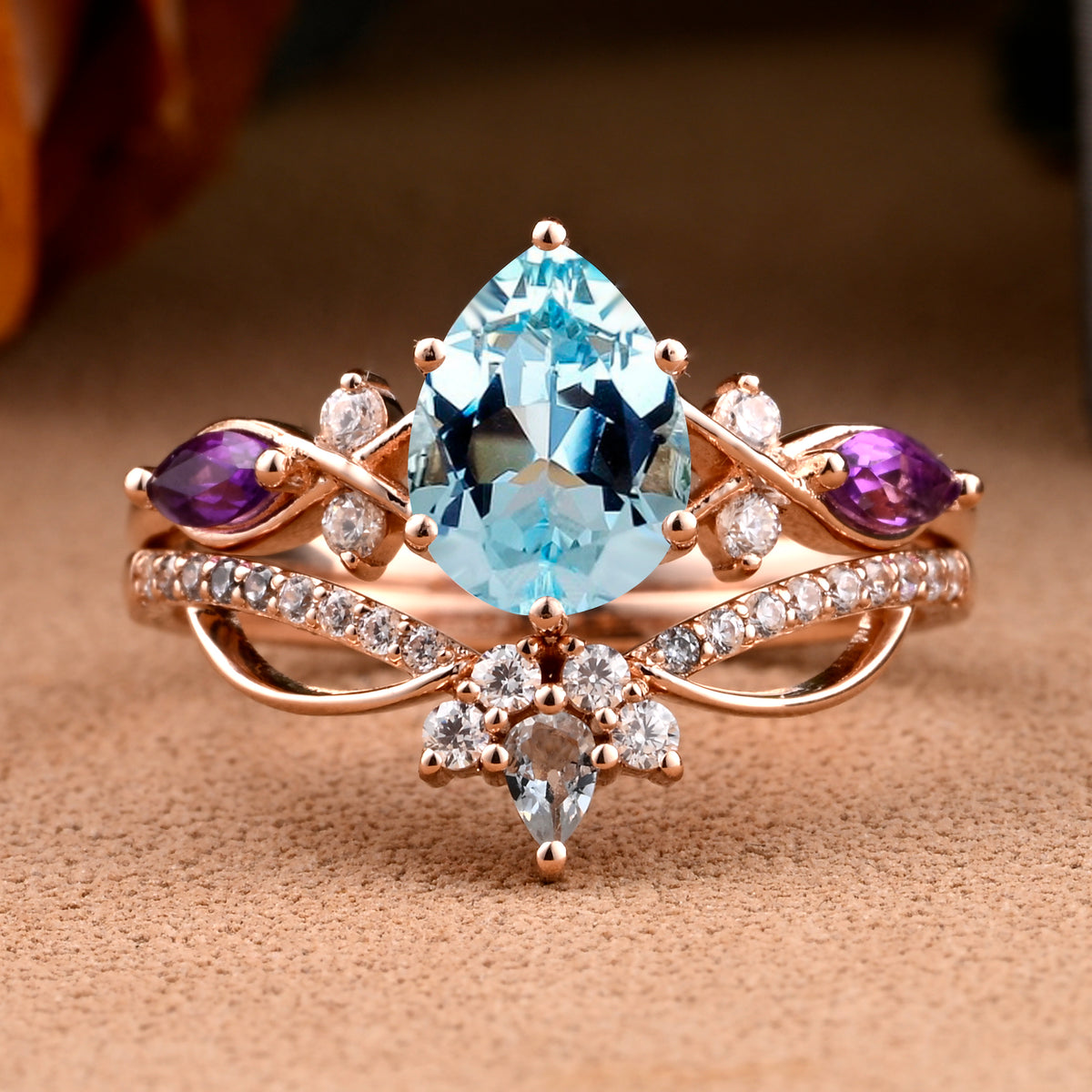 Vintage Oval Shape Aquamarine Engagement Ring Set Unique Amethyst Gemstone Promise Bridal Ring Set Anniversary Gift