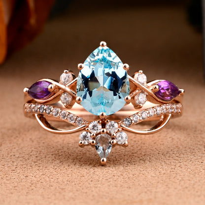 Vintage Oval Shape Aquamarine Engagement Ring Set Unique Amethyst Gemstone Promise Bridal Ring Set Anniversary Gift