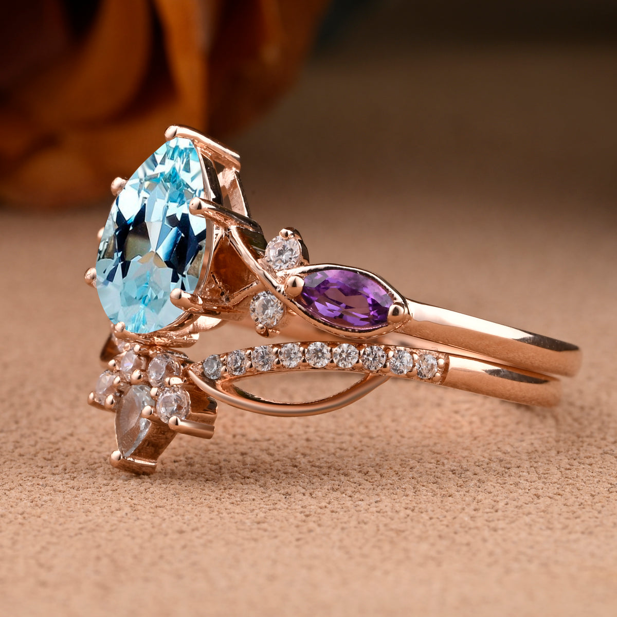 Vintage Oval Shape Aquamarine Engagement Ring Set Unique Amethyst Gemstone Promise Bridal Ring Set Anniversary Gift