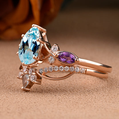 Vintage Oval Shape Aquamarine Engagement Ring Set Unique Amethyst Gemstone Promise Bridal Ring Set Anniversary Gift