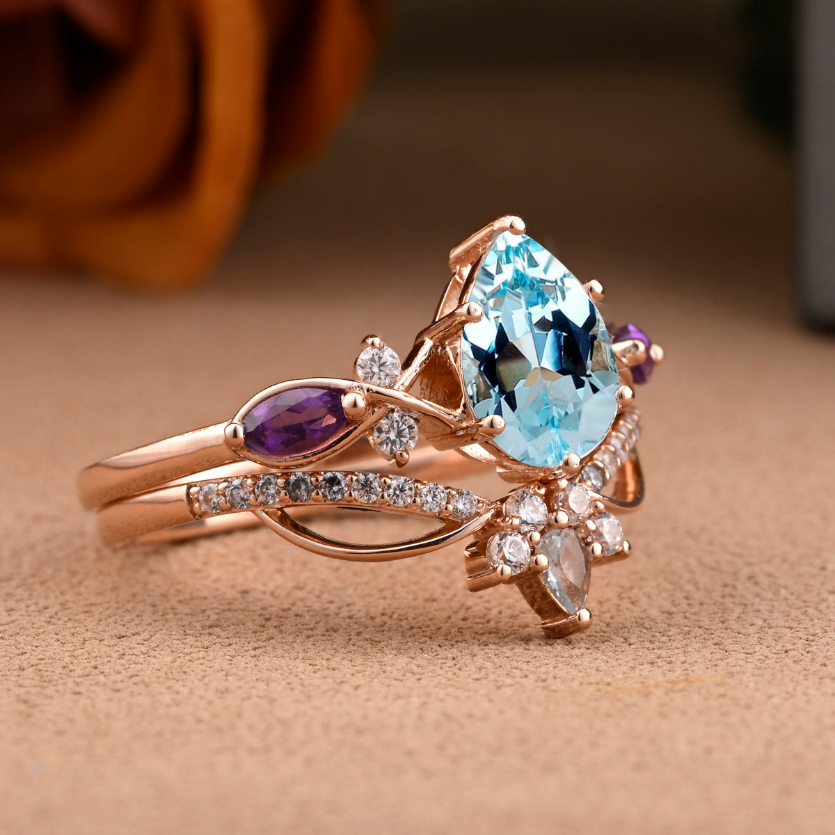 Vintage Oval Shape Aquamarine Engagement Ring Set Unique Amethyst Gemstone Promise Bridal Ring Set Anniversary Gift