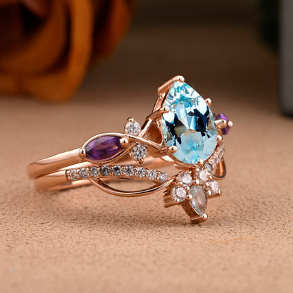 Vintage Oval Shape Aquamarine Engagement Ring Set Unique Amethyst Gemstone Promise Bridal Ring Set Anniversary Gift