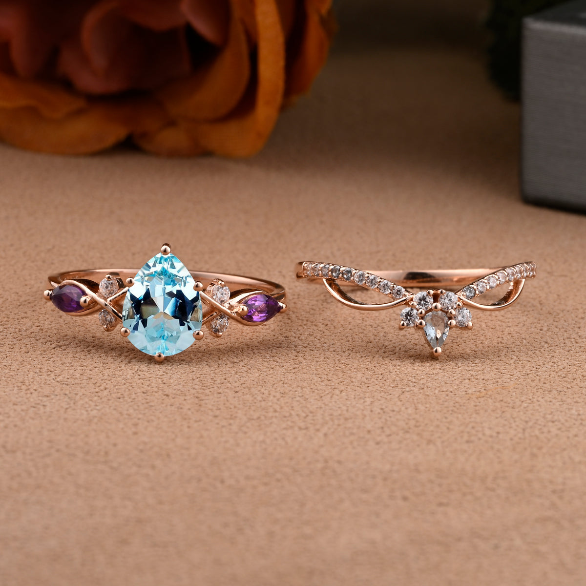 Vintage Oval Shape Aquamarine Engagement Ring Set Unique Amethyst Gemstone Promise Bridal Ring Set Anniversary Gift
