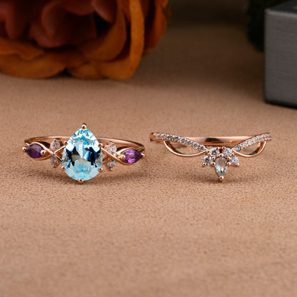 Vintage Oval Shape Aquamarine Engagement Ring Set Unique Amethyst Gemstone Promise Bridal Ring Set Anniversary Gift