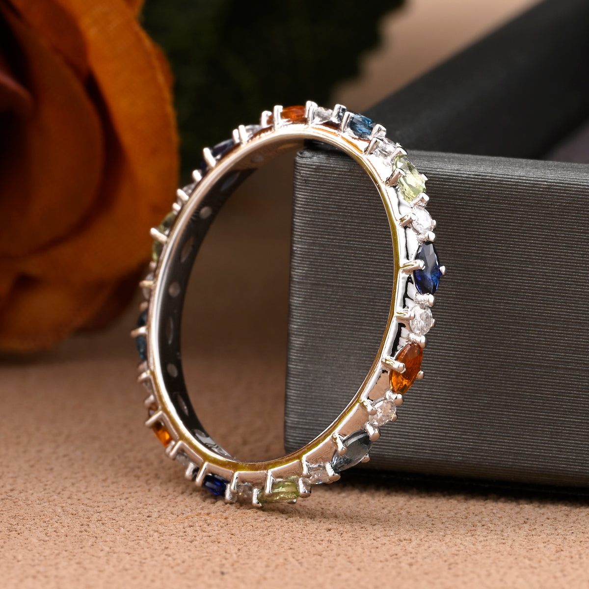 Unique Marquise wedding band Rose gold colorful wedding band women full eternity matching stacking ring Anniversary gift for her