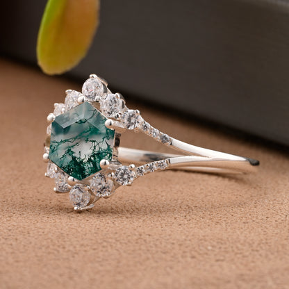 Vintage Moss Agate Engagement Ring Hexagon Shape Anniversary Ring Solid Gold Solitaire Unique Moss Agate Ring for Women