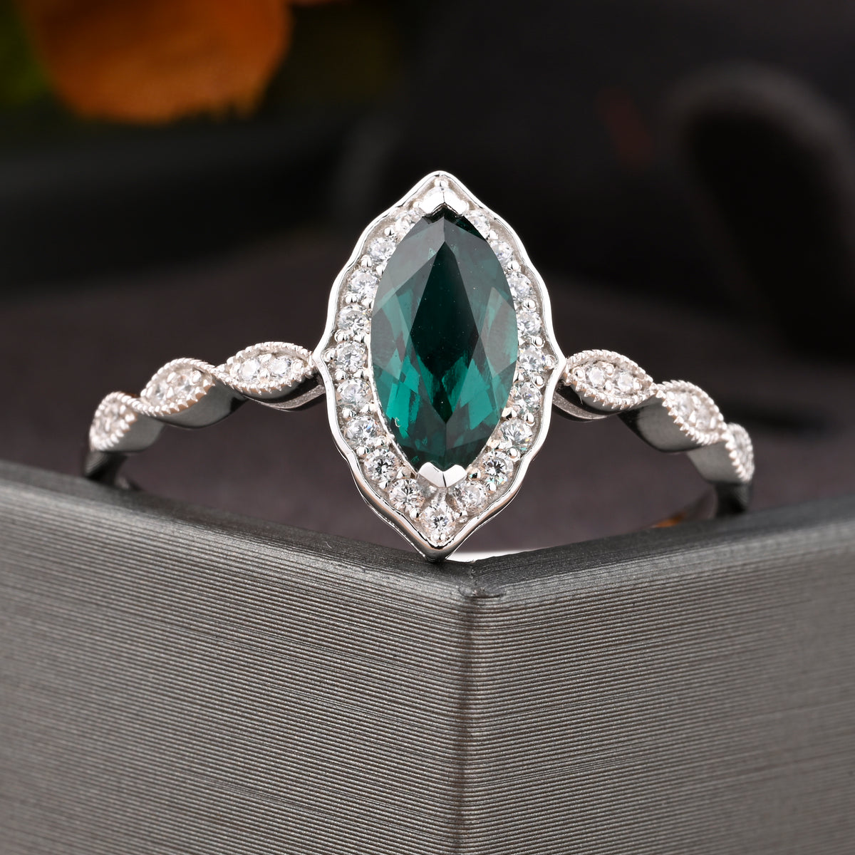Marquise Emerald Engagement Ring Art Deco Emerald Wedding Ring Gemstone Bridal Ring 14k Gold Ring Unique Promise Anniversary Gift