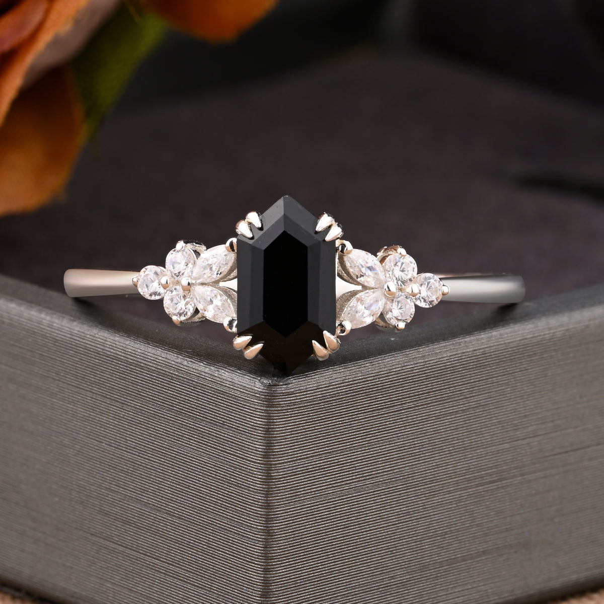 Vintage Hexagon Cut Black Onyx Gemstone Engagement Ring Moissanite Side Stone Wedding Promise Ring