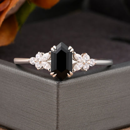 Vintage Hexagon Cut Black Onyx Gemstone Engagement Ring Moissanite Side Stone Wedding Promise Ring