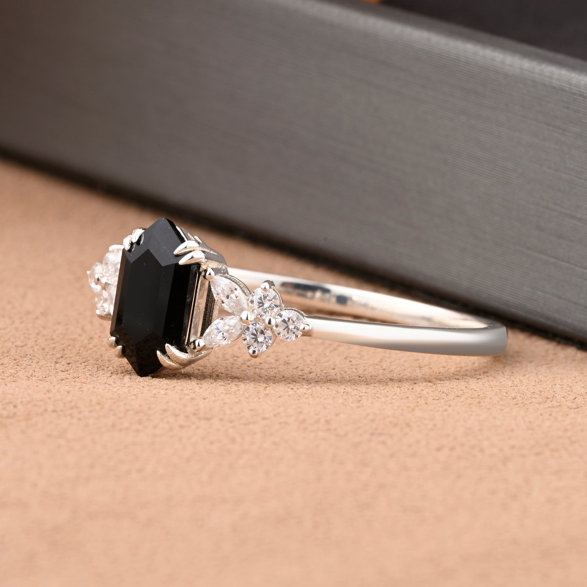 Vintage Hexagon Cut Black Onyx Gemstone Engagement Ring Moissanite Side Stone Wedding Promise Ring
