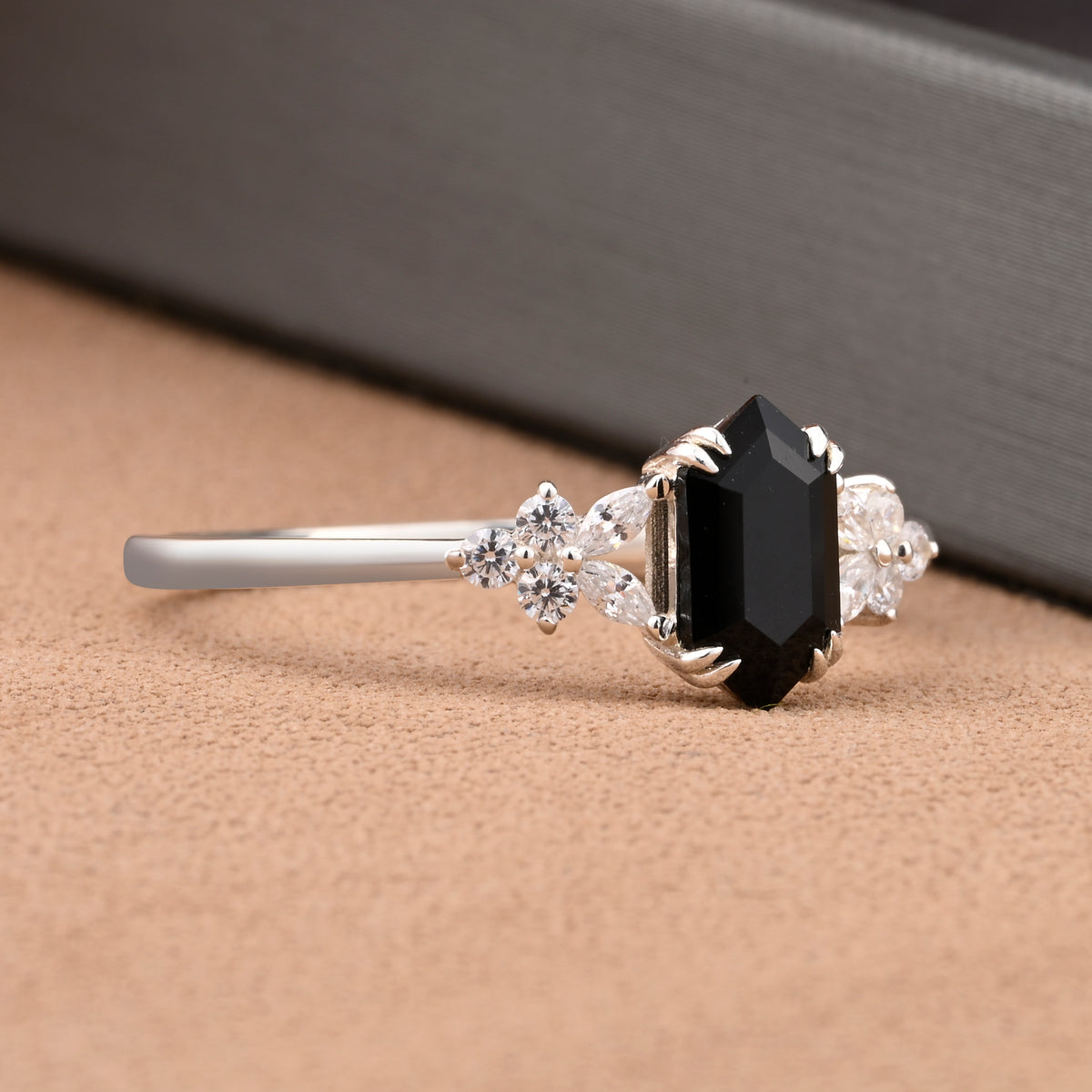 Vintage Hexagon Cut Black Onyx Gemstone Engagement Ring Moissanite Side Stone Wedding Promise Ring