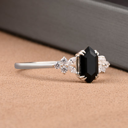 Vintage Hexagon Cut Black Onyx Gemstone Engagement Ring Moissanite Side Stone Wedding Promise Ring