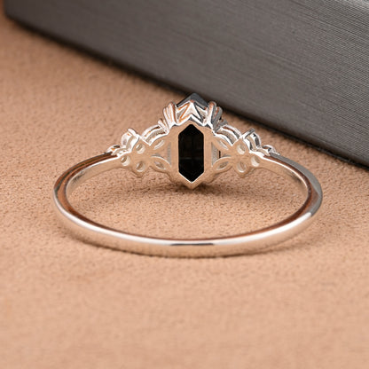 Vintage Hexagon Cut Black Onyx Gemstone Engagement Ring Moissanite Side Stone Wedding Promise Ring