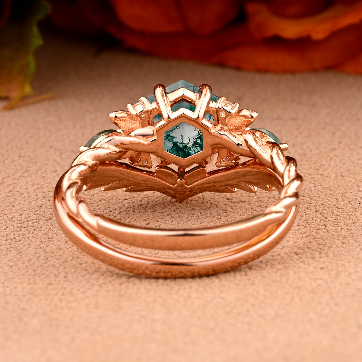 Vintage Moss Agate Engagement Ring Hexagon Cut Anniversary Ring Solid Gold Solitaire Unique Moss Agate Side Stone Ring for Women