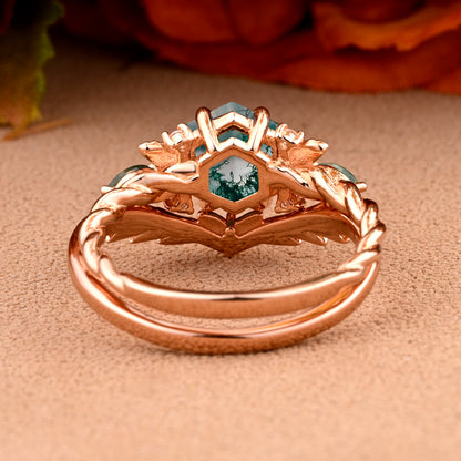 Vintage Moss Agate Engagement Ring Hexagon Cut Anniversary Ring Solid Gold Solitaire Unique Moss Agate Side Stone Ring for Women