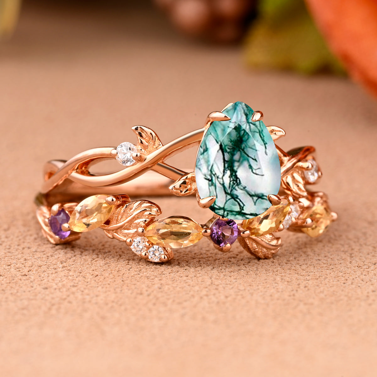 Vintage Pear Cut Moss Agate Engagement Ring Set Leaf Ring Art Deco Bridal Ring 18k Rose Gold Ring Set For Women Promise Bridal Ring Set