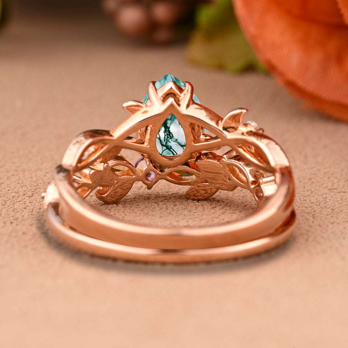 Vintage Pear Cut Moss Agate Engagement Ring Set Leaf Ring Art Deco Bridal Ring 18k Rose Gold Ring Set For Women Promise Bridal Ring Set